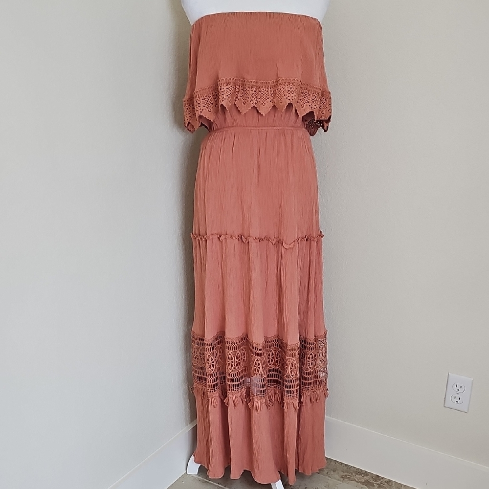 Altar'd State Crochet Tiered Strapless Maxi Dress Terracotta, Mauve Medium